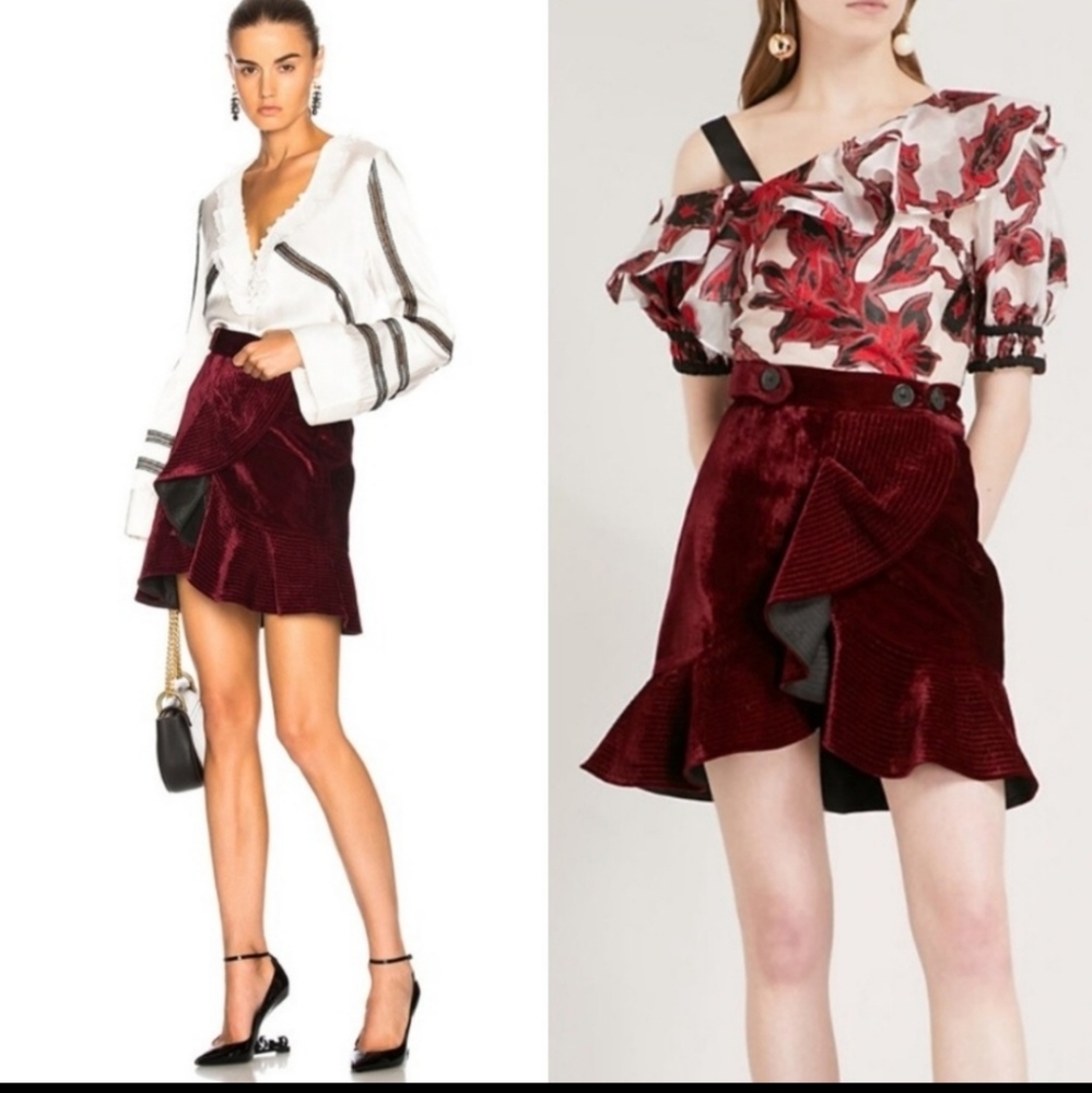 Self-Portrait Velvet Flounce Skirt Burgundy